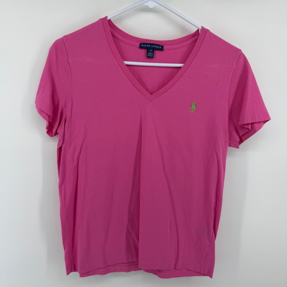 Ralph Lauren Womens Pink V-Neck Short Sleeve Pony Logo T-Shirt Size L 0060